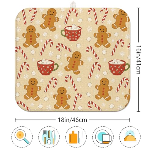 Christmas Drying Mat for Kitchen Counter 16" X 18" Gingerbread Dish Drying Mat for Kitchen Decor Xmas Drying Mats For Home Counter Drying Mats For Dishes Dish Mat Drying Mat