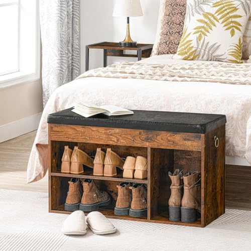 Entryway Shoe Storage Bench with Cushion - Rustic Brown & Black, 32.3"