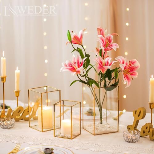 Hurricane Glass Candle Holder: Large Gold Lanterns Set of 3