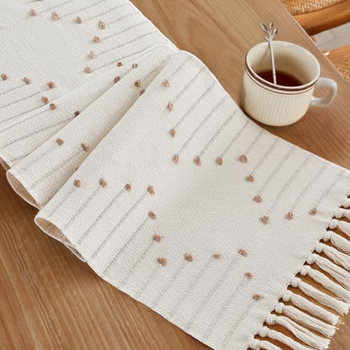 Wracra Boho Taupe/Woven Table Runner 14x48 Inches with Fringe - Rustic Home Decor