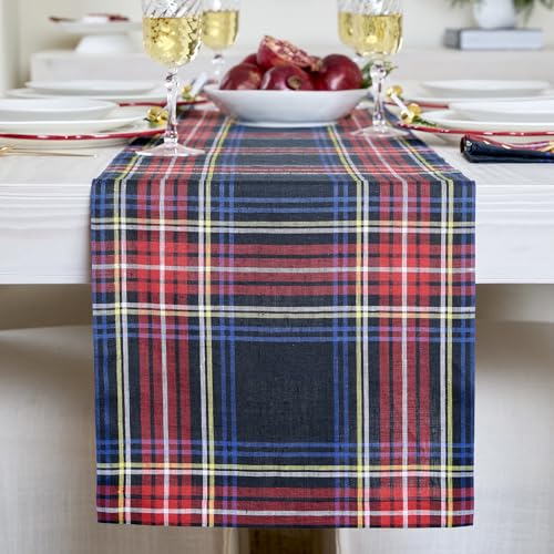 Solino Home 100% Linen Christmas Table Runner 14 x 120 Inches Black Stewart Plaid