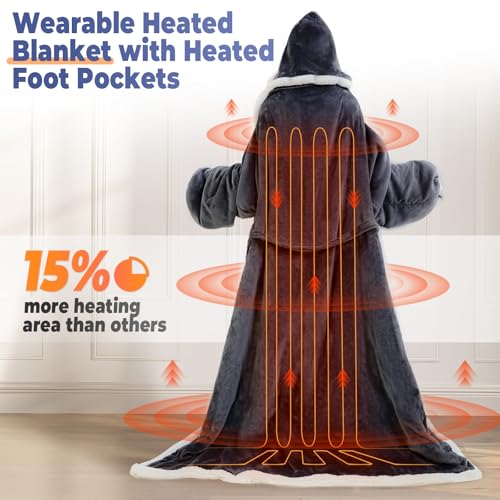 Grey Wearable Heated Blanket with Foot Pocket & Hood - Electric Throw with Sleeves, 8 Heat Levels, Auto-Off, Portable