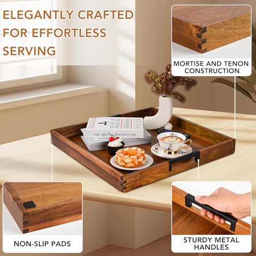 Large Ottoman Serving Tray Natural Wood 20x20 with Metal Handles for Living Room & Kitchen - Joy&Grace