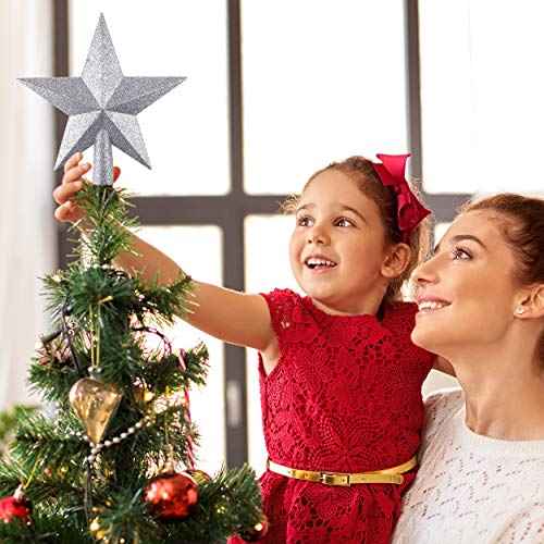 FEPITO Glitter Star Mini Christmas Tree Topper Shatter-Proof Small Christmas Tree Decoration Treetop for Holiday Ornament or Home D?cor (Silver, 4.3 inches)