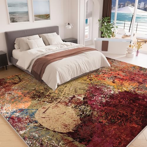 Arbosofe 8x10 ft Modern Abstract Washable Rug with Non-Slip Backing for Living Room & Bedroom, Red & Orange