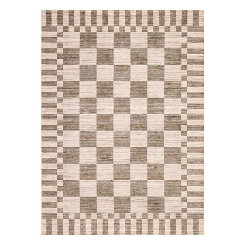 GarveeHome Brown Checkered 5x7 Area Rug - Machine Washable Non-Slip Living Room Carpet