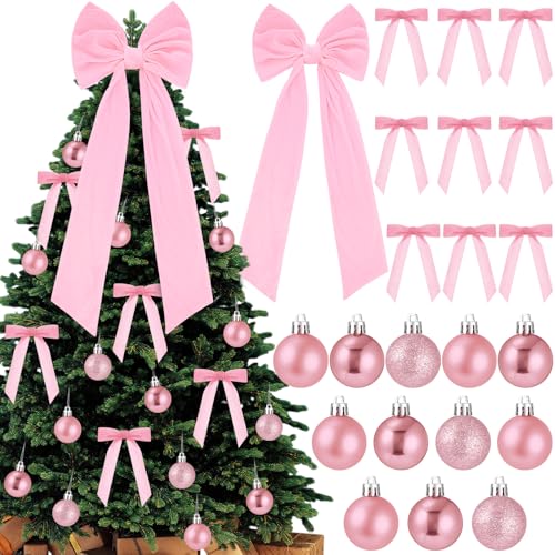 Gejoy Pink Velvet Christmas Tree Decoration Set with 47 x 15.7 Inch Large Topper Bow, 30 Small Velvet Bows & 36 Ornaments