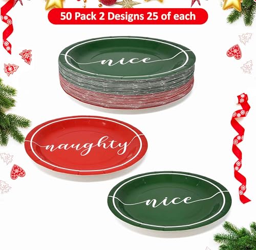 50 Pack Christmas Disposable Dinner Plates 9-Inch Naughty & Nice Holiday Tableware