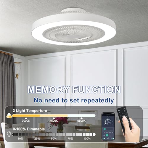 White 19-Inch Bladeless Ceiling Fan with Light and Remote Control - Flush Mount Low Profile LED Fan for Bedroom