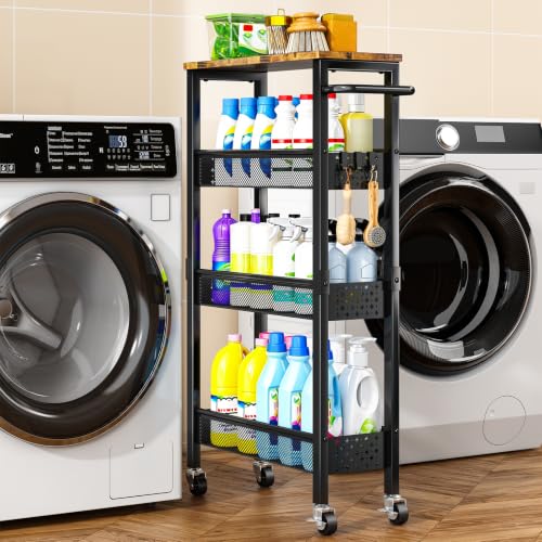 Black 4-Tier Slim Utility Rolling Cart with Wood Top - Narrow Metal Storage