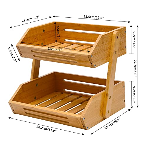 VIKEYHOME 2-Tier Natural Bamboo Fruit Basket Stand - 11" Countertop Organizer