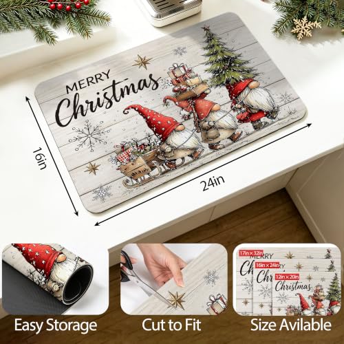 Absorbent Gnome Christmas Dish Drying Mat – Cuttable Countertop Drainer, 15.7x23.6 in, with Non-Slip Backing (Gnome Variant)