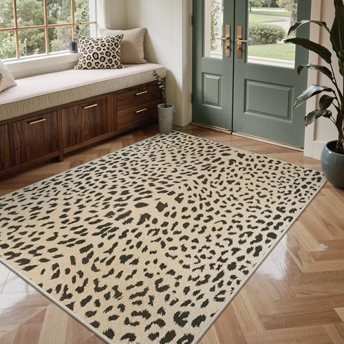 Leopard Print Washable Area Rug 6x9 for Living Room & Bedroom Beige & Brown Variation