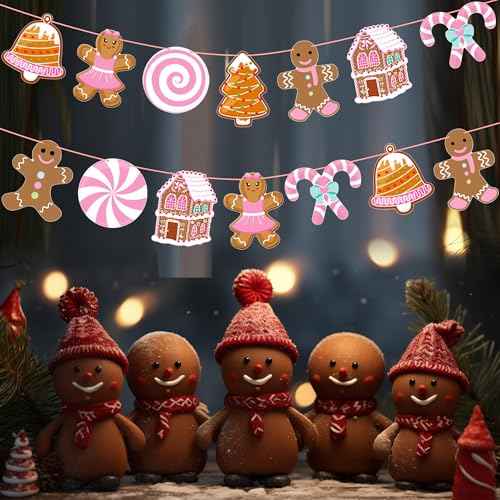 Gingerbread Christmas Decorations Pink Gingerbread Theme Banners 2PCS Christmas Candy Decor Gingerbread House Holiday Cuout Banners for Girls Xmas Birthday Baby Shower Supplies