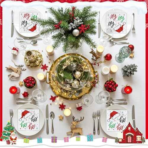 100 Pcs Funny Christmas Napkins, Disposable Christmas HoHoHo Cocktail Napkins Santa Holiday Paper Napkin Xmas Beverage Dessert Napkin for Winter, Holiday Dinner, 5 * 5 Inch