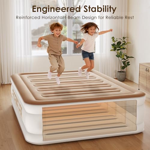 Queen Air Mattress with Built-In Pump, 18-Inch Raised, Camel Beige