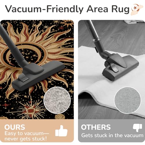 8x10 Washable Area Rug - Black, Gold, Beige, Red - Sun Moon Pattern - Vacuum-Friendly