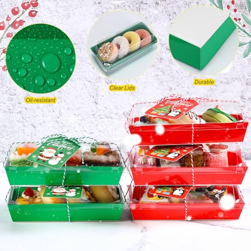 Mooliwe 50 Pcs Christmas Charcuterie Boxes with Ropes & Cards, 7.5" Clear-Lid Dessert Boxes, Red & Green Set for Xmas Party Favors (Variation: 50)
