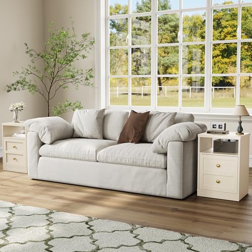RoyalCraft Beige Nightstand Set of 2 - Modern Small End Tables with Storage Shelf and Faux Double Drawer, Bedroom Dorm Side Tables for Small Spaces