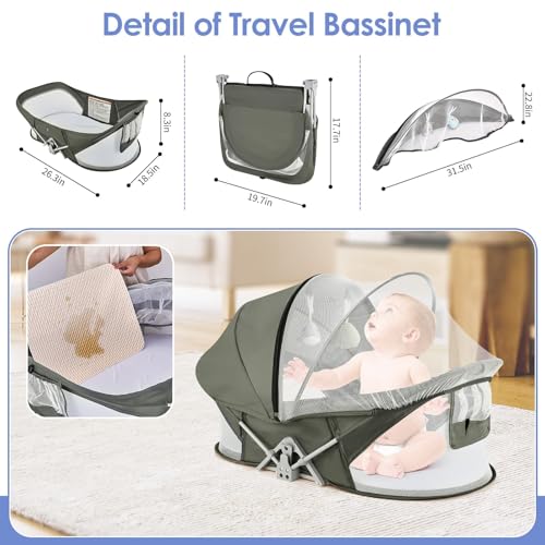 Light Green Portable Baby Bassinet with Mosquito Net & Sunshade - Travel Crib for Home & Outdoors