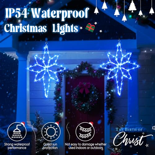 Hiboom Blue 2 Pack 16-Inch Christmas Star Window Lights with Timer & 8 Modes