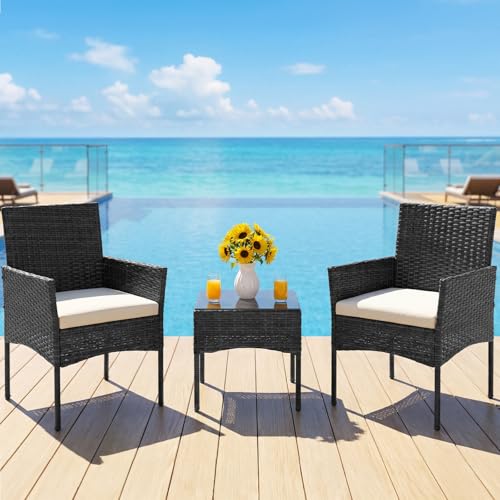 DUMOS Outdoor Wicker Bistro Set - 3-Piece Patio Furniture Set, Black, Weather-Resistant