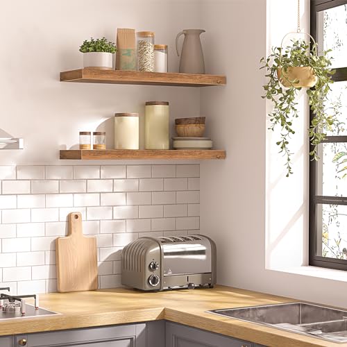 Floating Wall Shelves Set of 2 - Rustic Brown, 23.6 Inches - Wall Mounted Storage & Decor