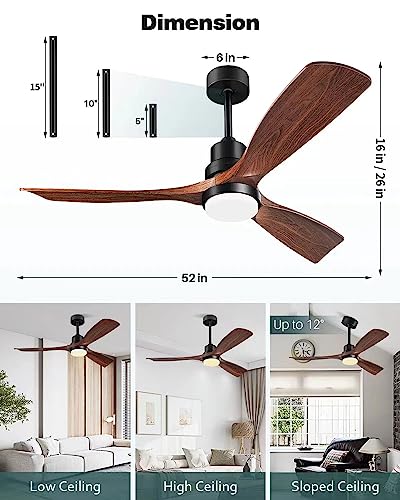 52 Inch Ceiling Fan with Lights and Remote - Black & Walnut Wood Blades