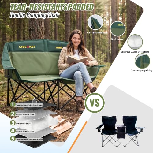 Unisakey Double Camping Chair - Oversized Loveseat Green 650LBS Capacity