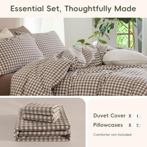 JIYUAN California King Cotton Duvet Cover Set Light Brown Gingham - No Comforter