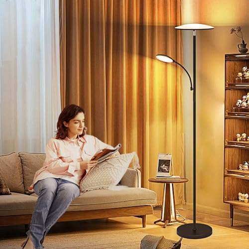 Black LED Floor Lamp 42W 4500LM Stepless Dimmable with Reading Light & Remote