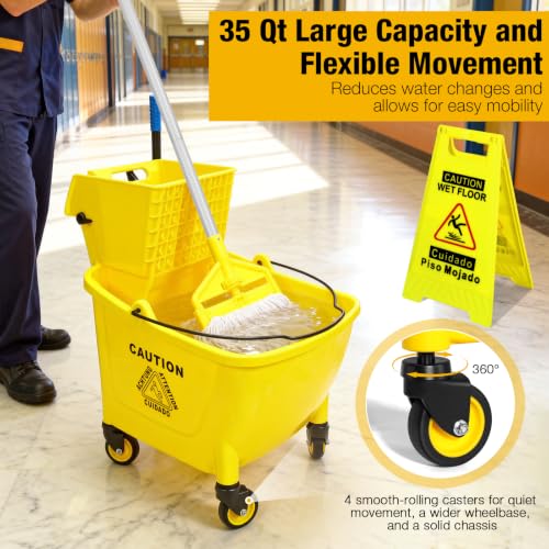 35Qt Commercial Mop Bucket with Side Press Wringer on Wheels - Yellow