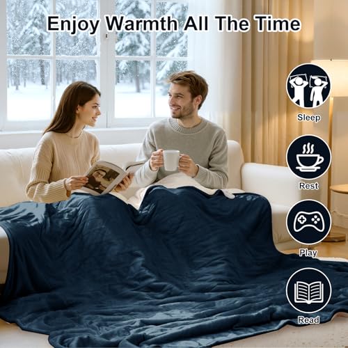 Queen Size Heated Blanket with Dual Controls, Navy, 84" x 90" - FVERWAG