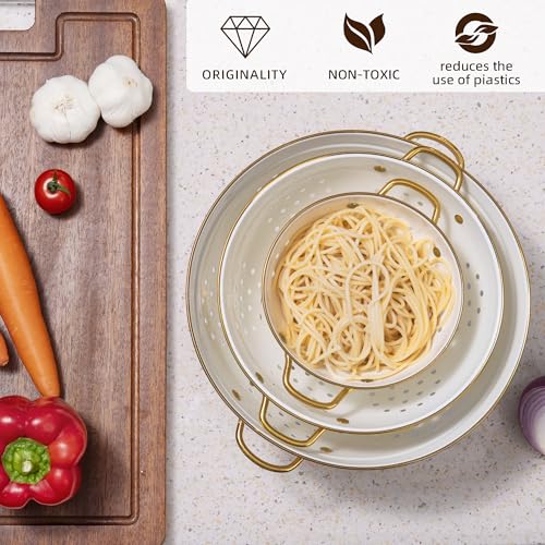 Cream Metal Colander Set of 3 - Stainless Steel Kitchen Strainers for Pasta & Vegetables