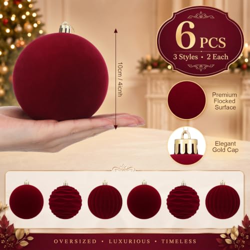 Hollowfly Burgundy Red Velvet Christmas Balls Set 6 Large 4 Inch Ornaments