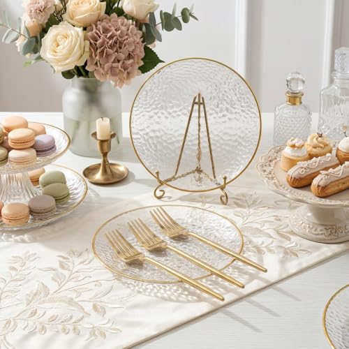 Clear Gold Plastic Dessert Plates 7" with Forks - Hammered Party Set 200 pcs