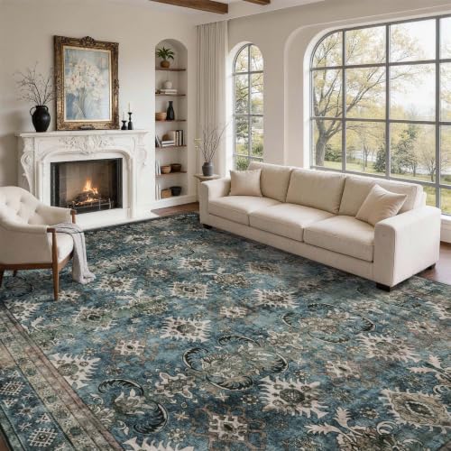 Blue Vintage Living Room Rug 9x12 Carpet with Non-Slip Backing - Washable & High Traffic