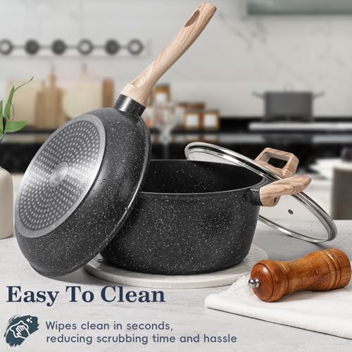 Non-Stick Pots and Pans Set - 12 Pieces Black Granite Induction Cookware - Variation: Black / 12 Pieces