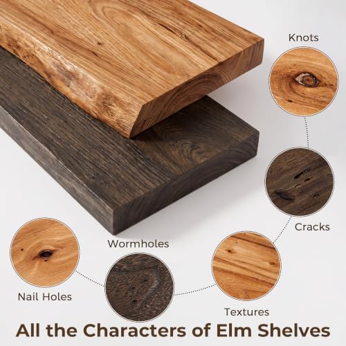 Live Edge Elm Floating Shelves - Rustic Wall Mounted Storage Set of 2