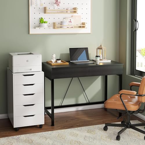 CAIYUN Small Computer Desk with Wooden Drawers - 39 Inch Black Home Office Table