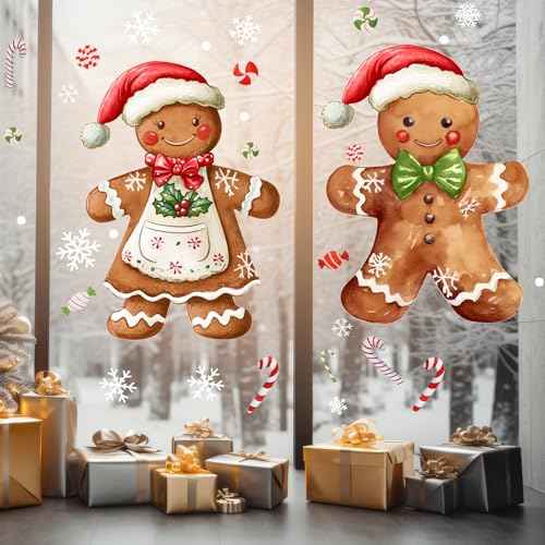 2 Sheets Gingerbread Christmas Window Clings Extra Large Gingerbread Man Window Clings Decals with Snowflakes Candy Xmas Stickers for Home Indoor Winter Party Supplies Holiday Decor 16.9 x 35.4 Inch