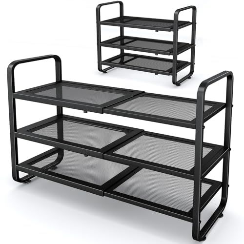 Black Expandable Metal Shoe Rack 3-Tier, Adjustable & Space-Saving Organizer
