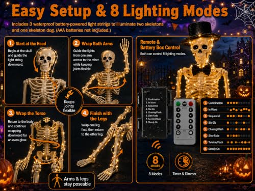 Gleemoria 3PC Halloween Skeleton Decorations Set - Life-Size Skeletons & Dog, Adjustable, Waterproof Lights