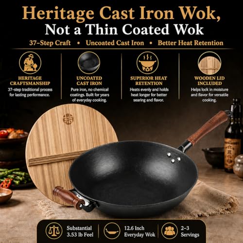 12.6 Inch Cast Iron Wok with Wooden Lid - Flat Bottom Chinese Stir Fry Pan