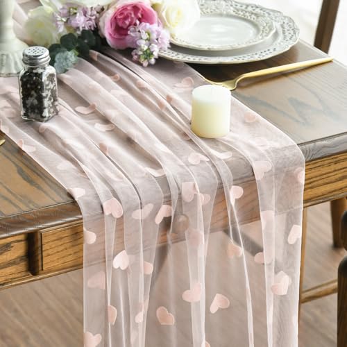 Pink Heart Gauze Table Runner 28 x 120 Inch for Wedding & Party Decor