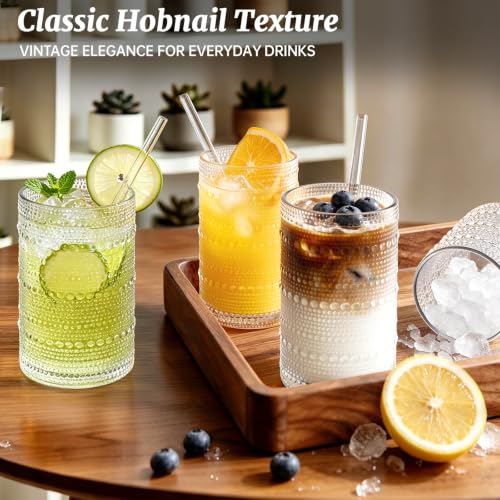16oz Vintage Hobnail Drinking Glasses Set of 12 with Reusable Glass Straws