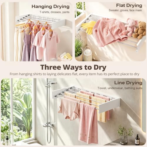 Wall Mounted Foldable Clothes Drying Rack White 32 Inch - Space Saving Laundry Storage with 5 Rods - Collapsible & Invisible Design