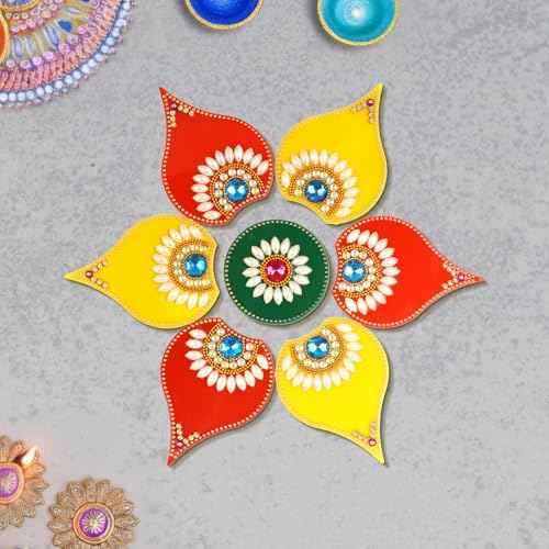 Handmade Deepak Red Acrylic Diwali Rangoli with Laxmi Charan Pagla | Floor & Table Diwali Decoration with Studded Stones & Sequins | Traditional Festive Home Door Rangoli D?cor (Multi)