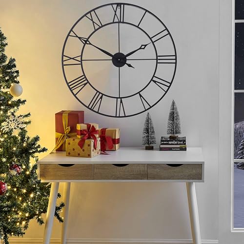 Black Roman Numeral 30 Inch Wall Clock - Large Heavy Metal Industrial Decor