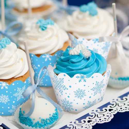 Whaline 36Pcs Winter Cupcake Wrappers White Blue Snowflake Cupcake Liners Decorative Cupcake Holders for Christmas Winter Party Cake Decoration